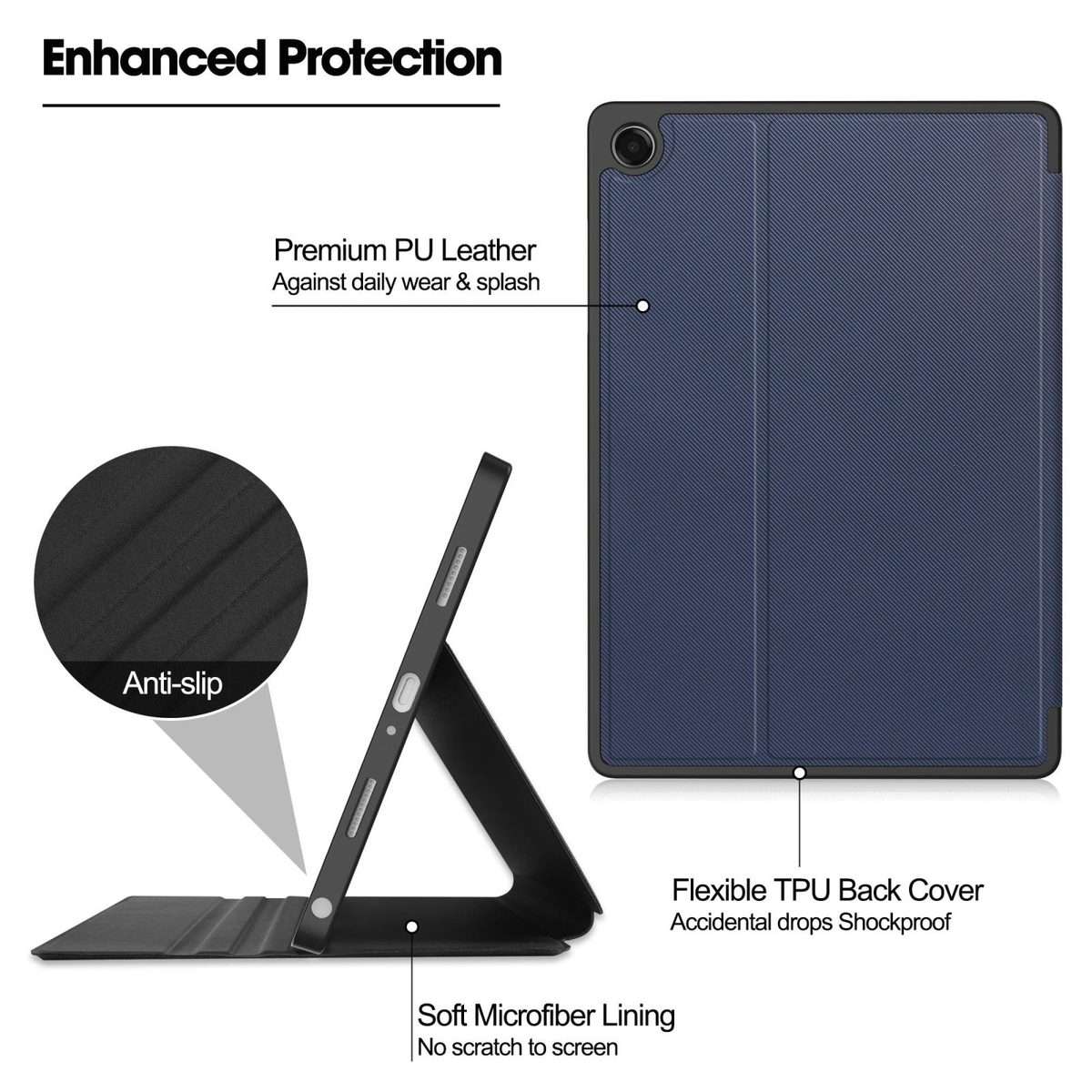 For Samsung Galaxy Tab A11+ Twill Fabric Vegan Leather Smart Tablet Case with Pen ... (Dark Blue)