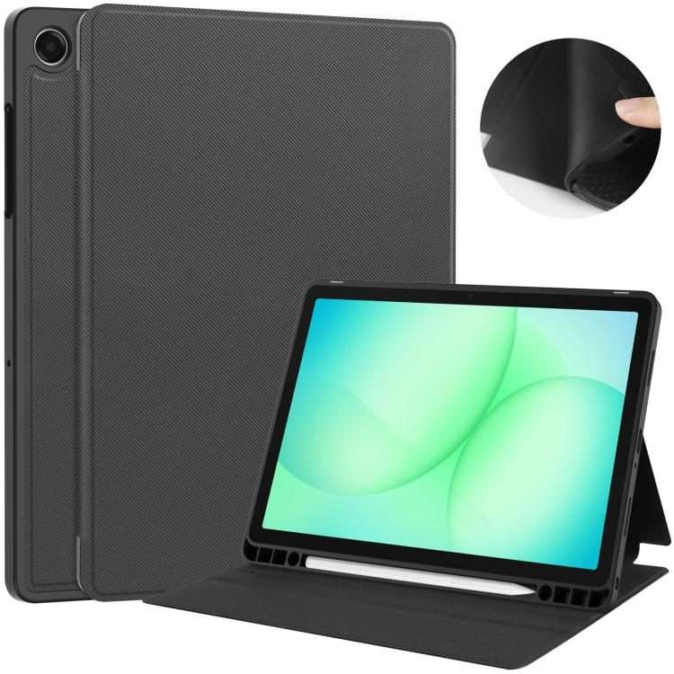 For Samsung Galaxy Tab A11+ Twill Fabric Vegan Leather Smart Tablet Case with Pen Tray ... (Grey)