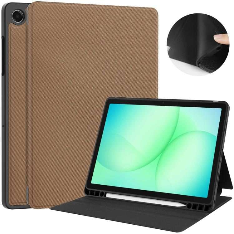 For Samsung Galaxy Tab A11+ Twill Fabric Vegan Leather Smart Tablet Case with Pen Tray ... (Brown)