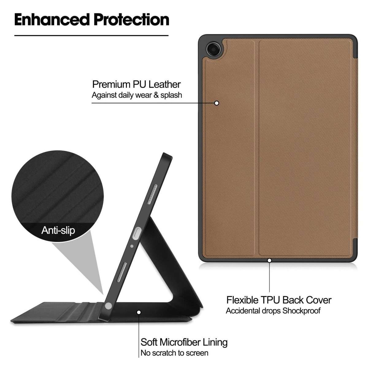 For Samsung Galaxy Tab A11+ Twill Fabric Vegan Leather Smart Tablet Case with Pen Tray ... (Brown)