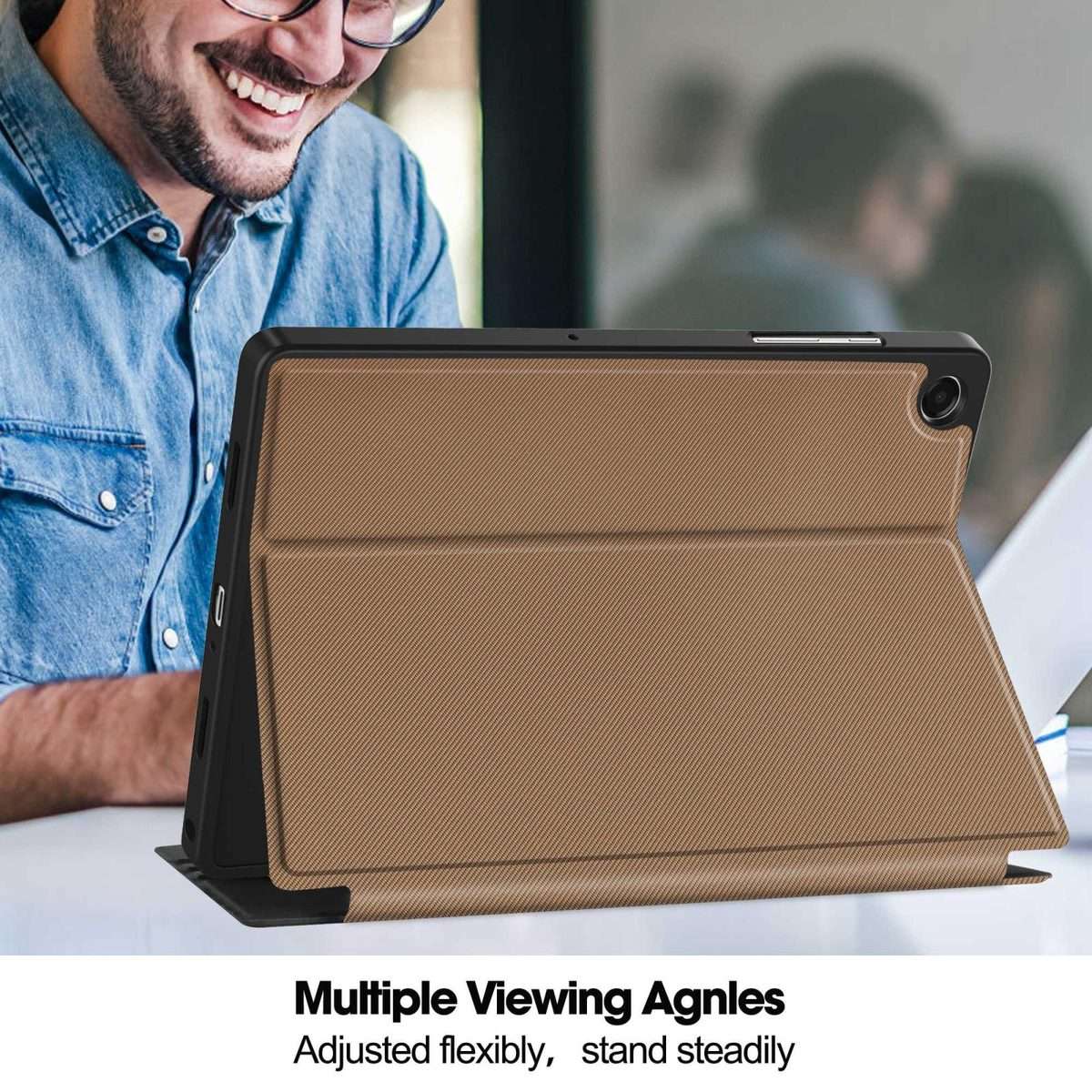 For Samsung Galaxy Tab A11+ Twill Fabric Vegan Leather Smart Tablet Case with Pen Tray ... (Brown)