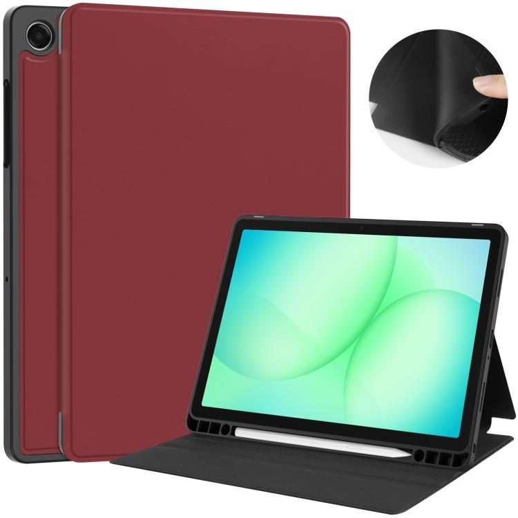 For Samsung Galaxy Tab A11+ Twill Fabric Vegan Leather Smart Tablet Case with Pen T ... (Wine Red)
