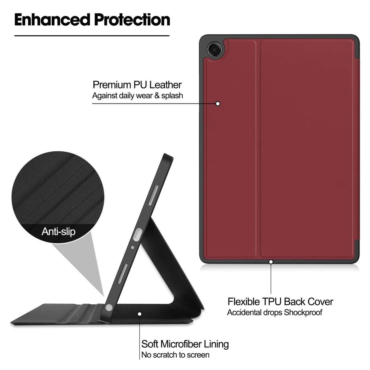 For Samsung Galaxy Tab A11+ Twill Fabric Vegan Leather Smart Tablet Case with Pen T ... (Wine Red)