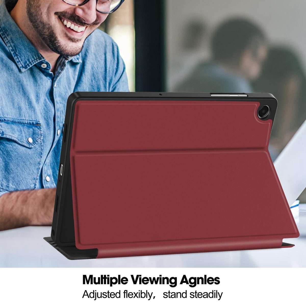 For Samsung Galaxy Tab A11+ Twill Fabric Vegan Leather Smart Tablet Case with Pen T ... (Wine Red)