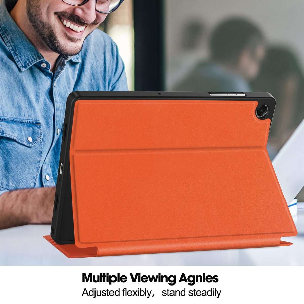 For Samsung Galaxy Tab A11+ Twill Fabric Vegan Leather Smart Tablet Case with Pen Tra ... (Orange)