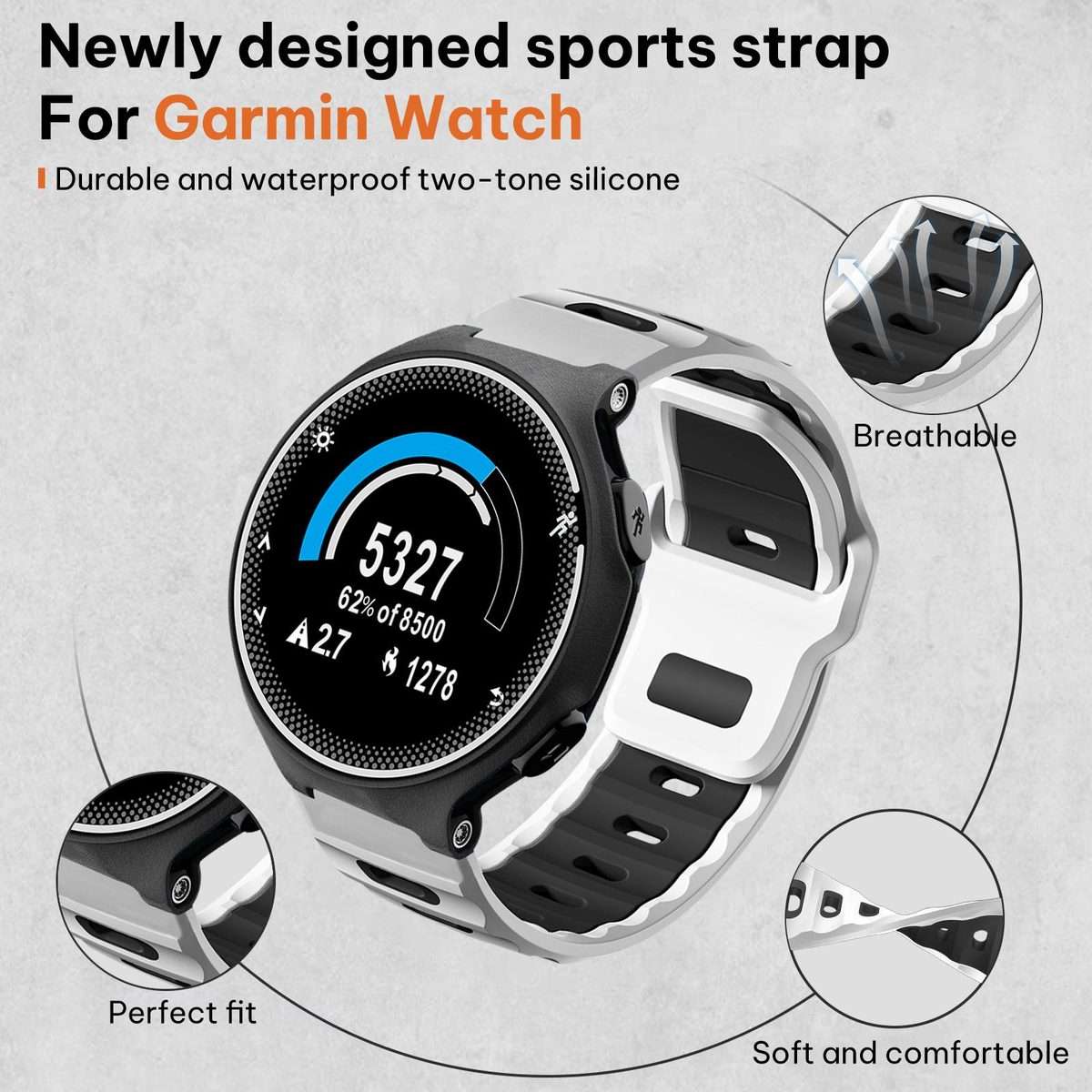 For Garmin Forerunner 220/735/735XT/230/235 xDfind Flat-head Dual-color Silicone ... (White+Black)