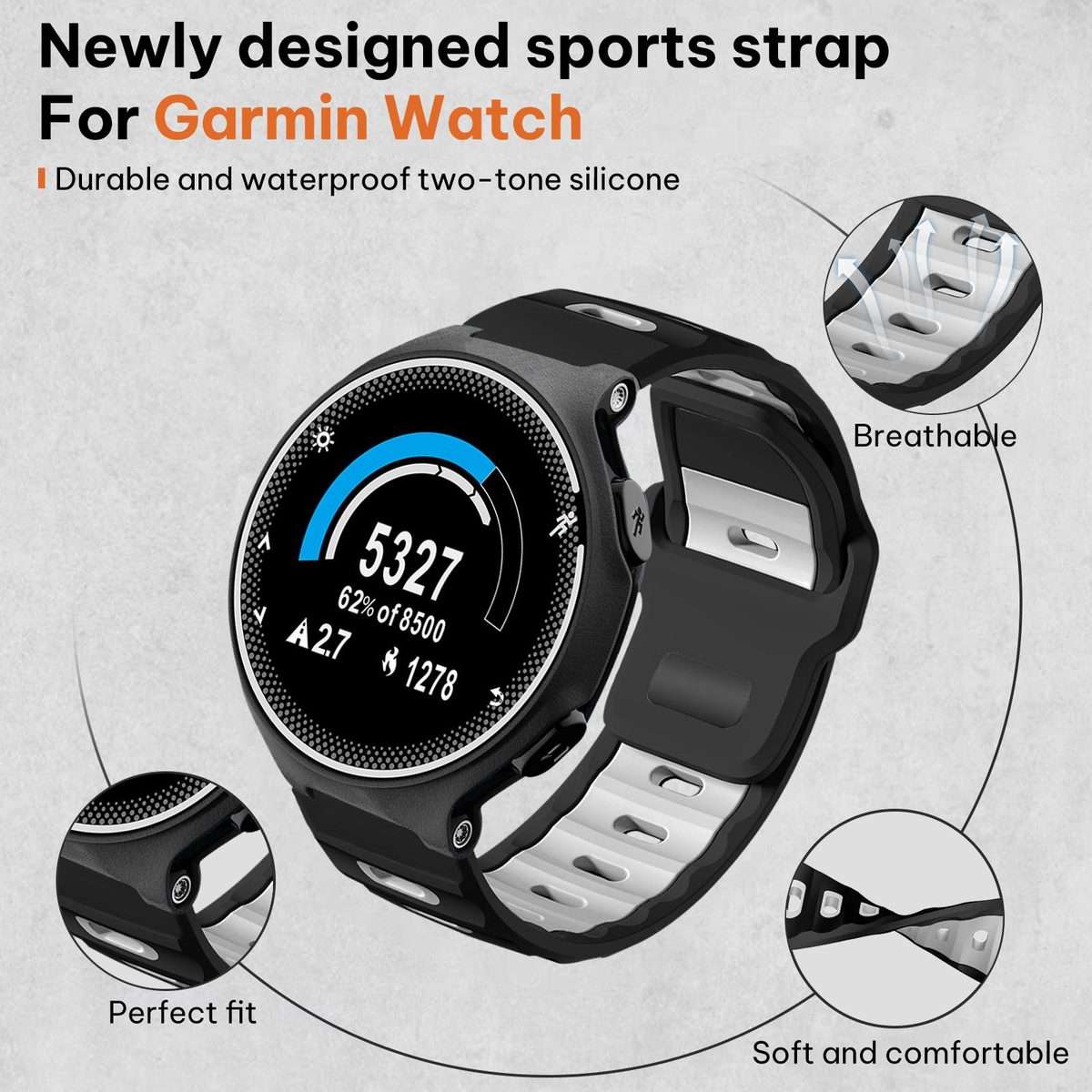 For Garmin Forerunner 220/735/735XT/230/235 xDfind Flat-head Dual-color Silicone ... (Black+White)