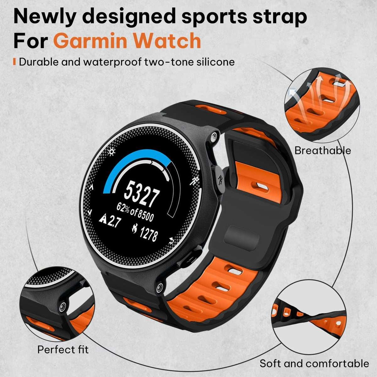 For Garmin Forerunner 220/735/735XT/230/235 xDfind Flat-head Dual-color Silicon ... (Black+Orange)