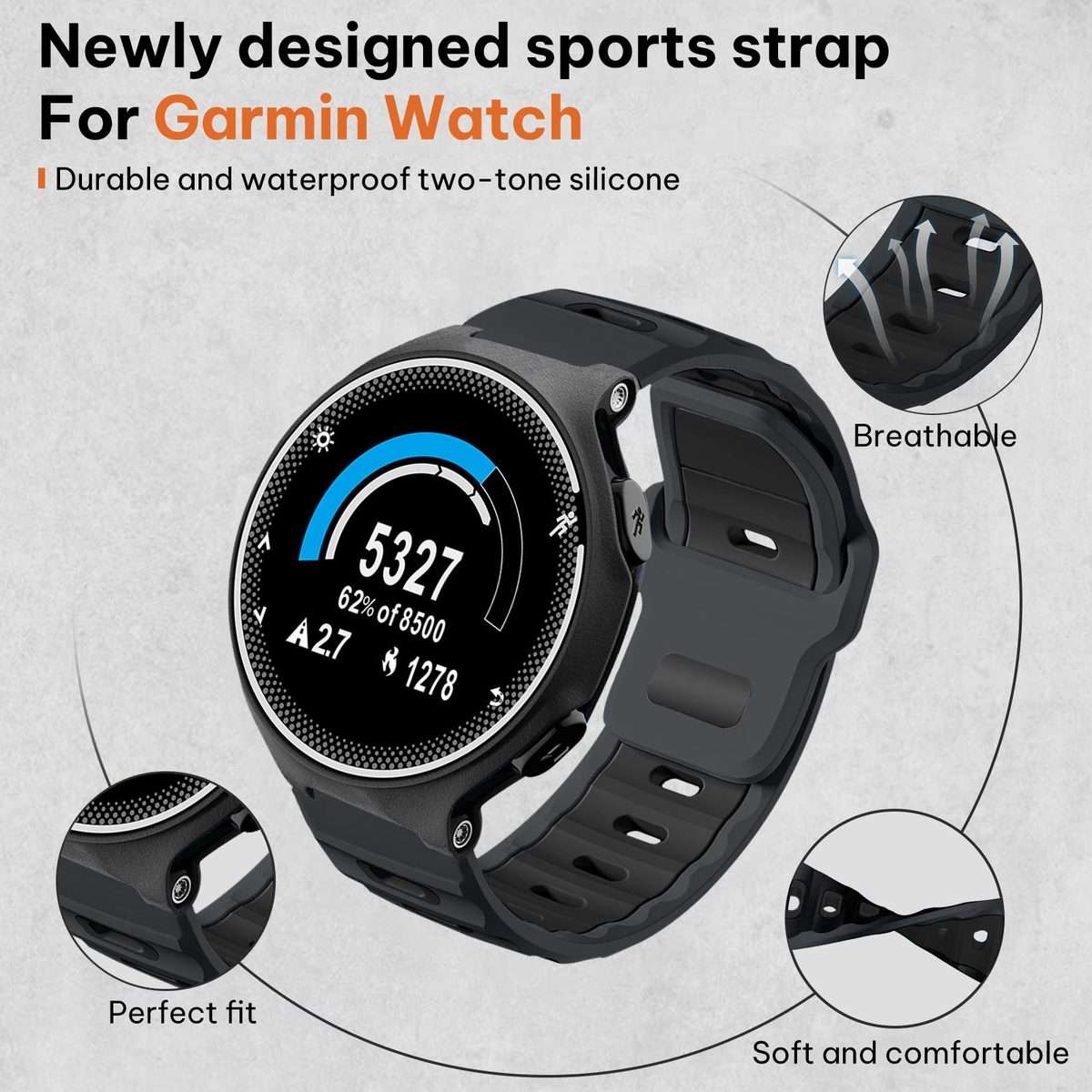 For Garmin Forerunner 220/735/735XT/230/235 xDfind Flat-head Dual-color Silicone W ... (Ash+Black)