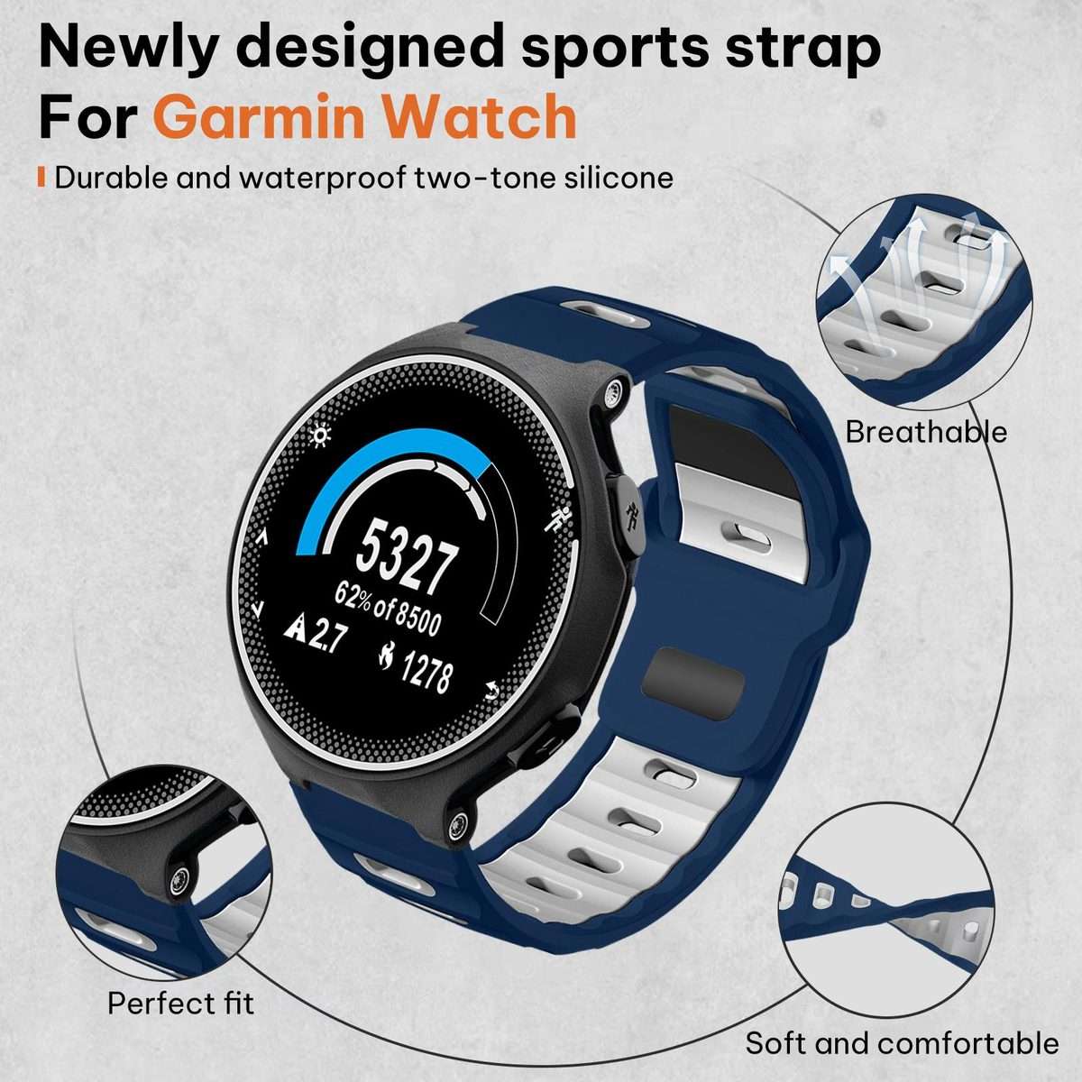 For Garmin Forerunner 220/735/735XT/230/235 xDfind Flat-head Dual-color Sili ... (Navy Blue+White)