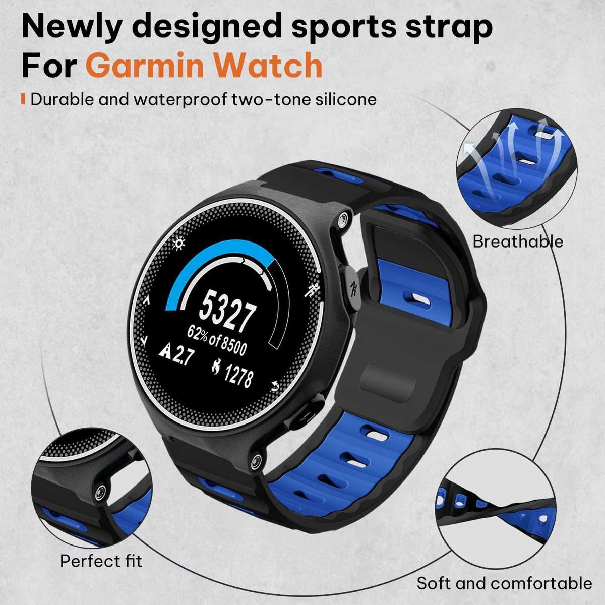 For Garmin Forerunner 220/735/735XT/230/235 xDfind Flat-head Dual-color Sil ... (Black+Royal Blue)