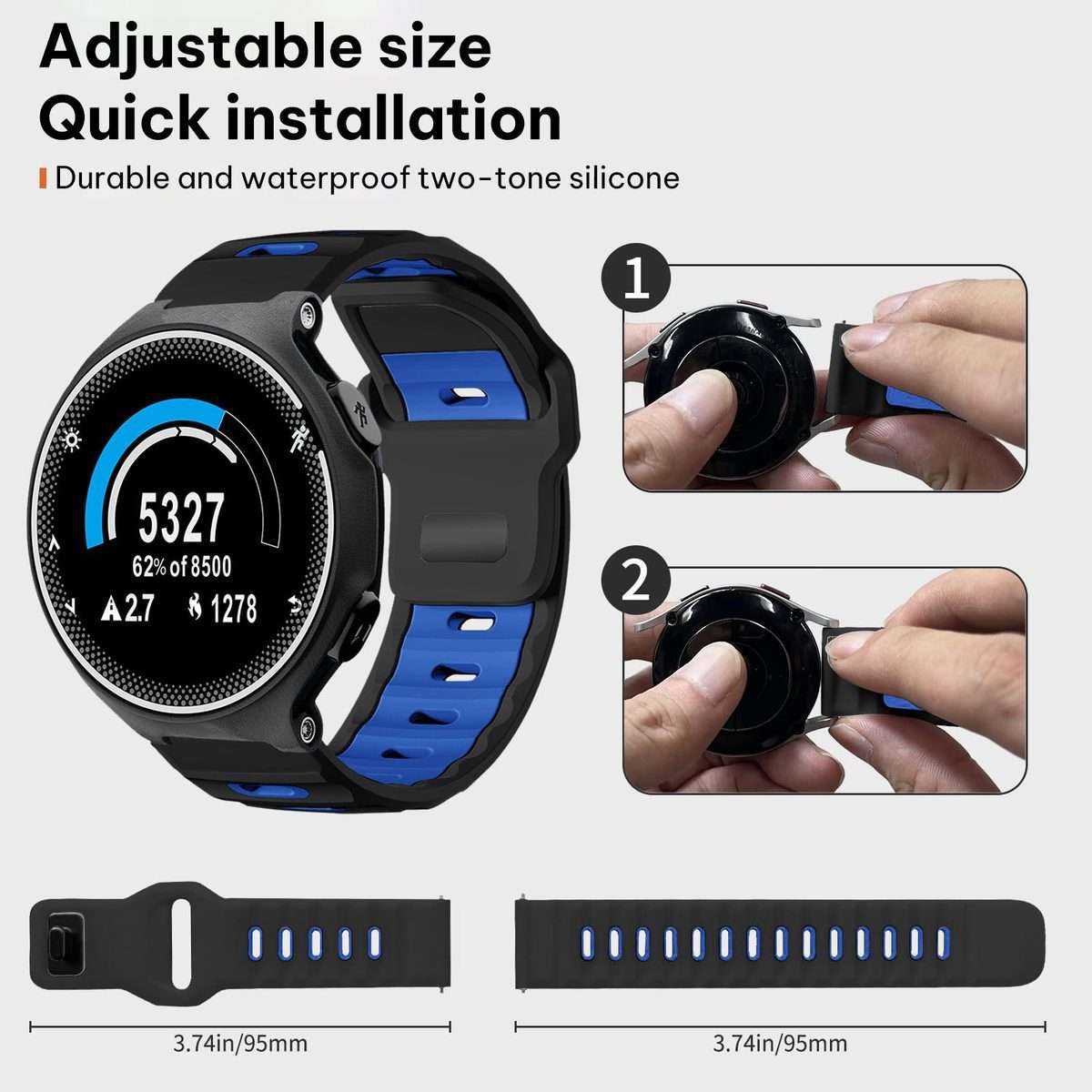 For Garmin Forerunner 220/735/735XT/230/235 xDfind Flat-head Dual-color Sil ... (Black+Royal Blue)