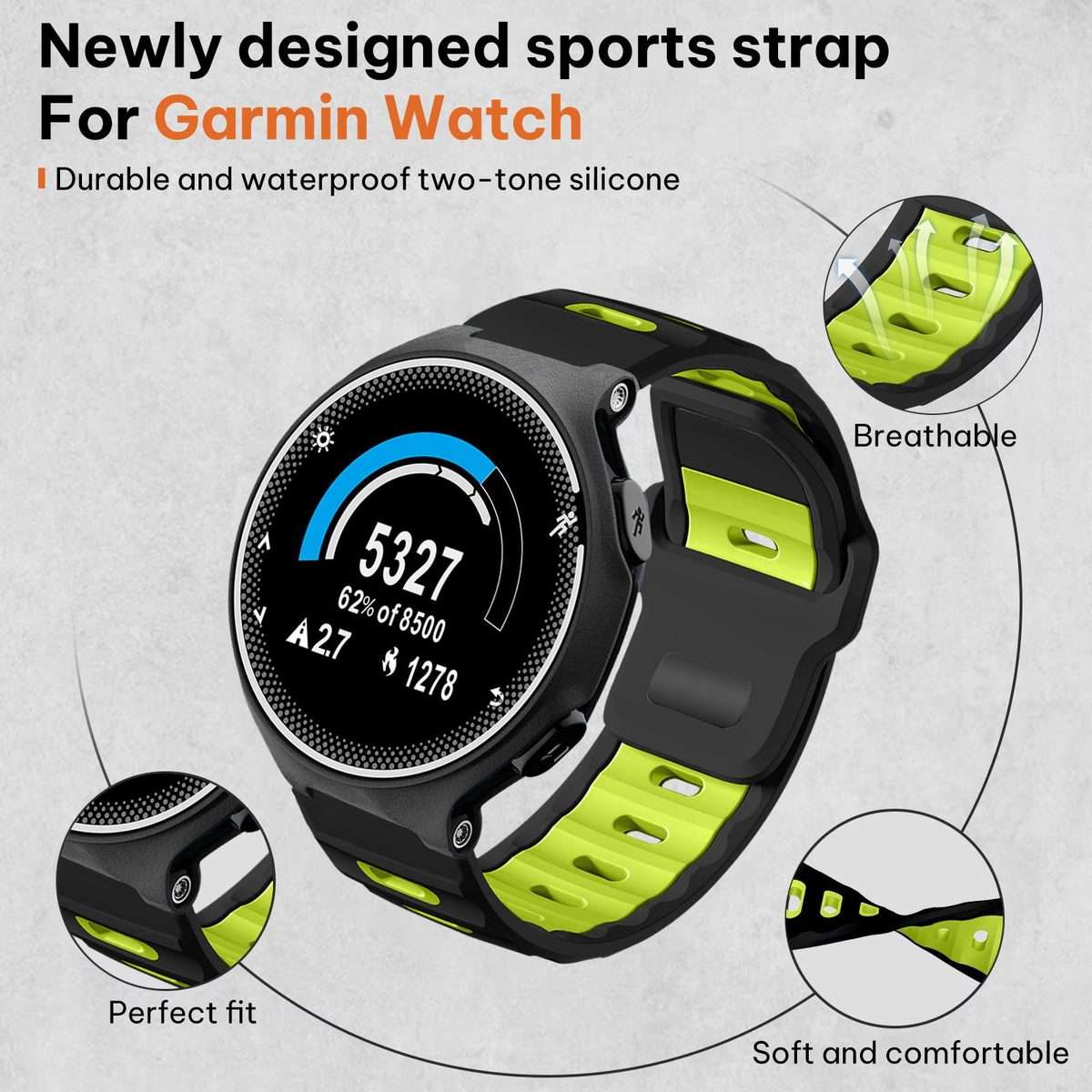 For Garmin Forerunner 220/735/735XT/230/235 xDfind Flat-head Dual-co ... (Black+Fluorescent Green)