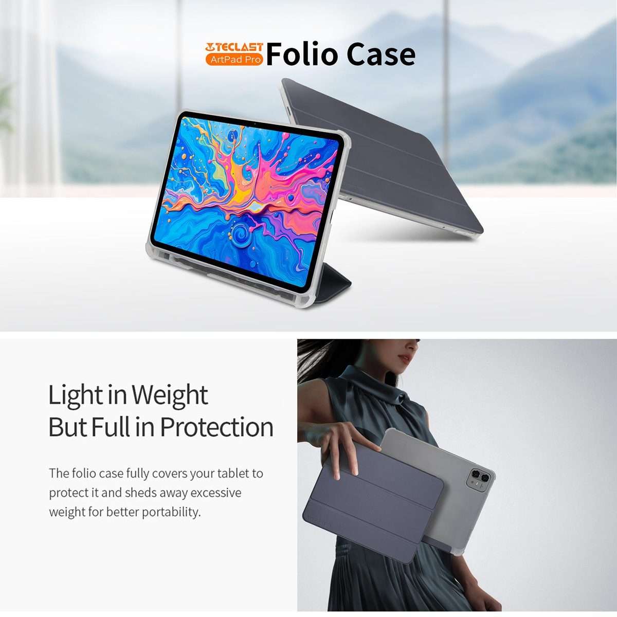For Teclast ArtPad Pro 3-Fold Holder Folio Leather Tablet Smart Case(Dark Blue)