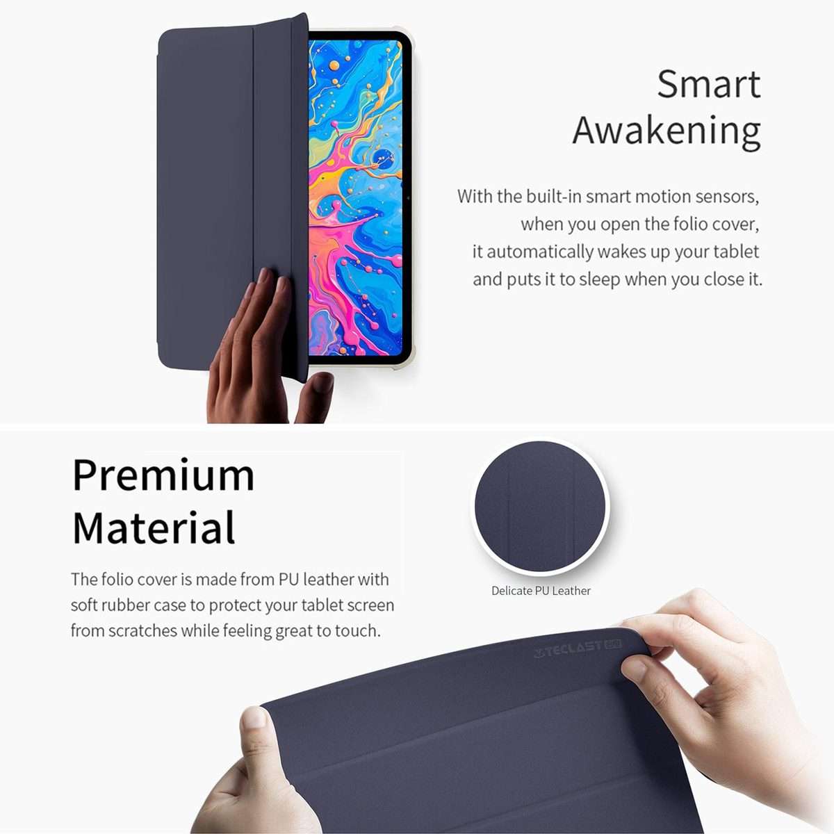 For Teclast ArtPad Pro 3-Fold Holder Folio Leather Tablet Smart Case(Dark Blue)