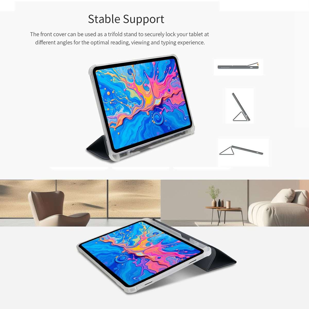 For Teclast ArtPad Pro 3-Fold Holder Folio Leather Tablet Smart Case(Dark Blue)