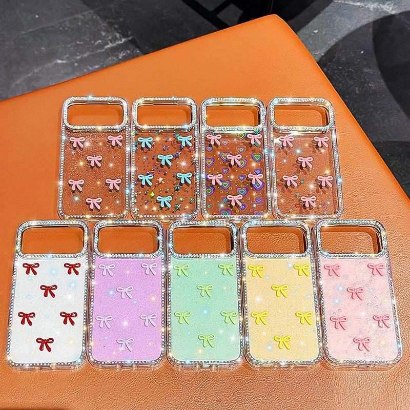 For iPhone 13 Pro Max Sparkling IMD Colorful Bow Phone Case with Bracelet(Glitter Light Purple)