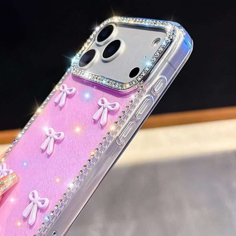 For iPhone 13 Pro Max Sparkling IMD Colorful Bow Phone Case with Bracelet(Glitter Light Purple)