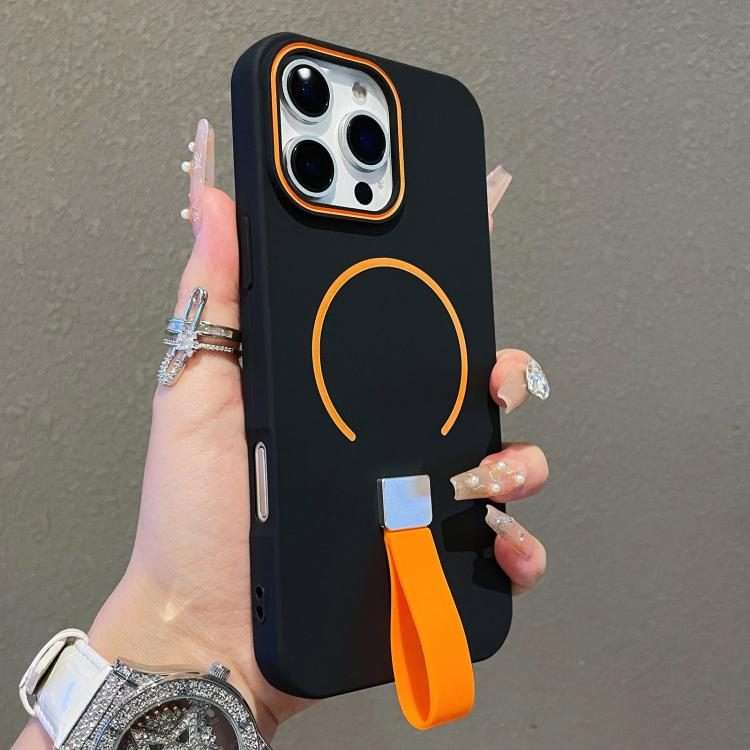 For iPhone 15 Pro Max Skin-feel Magnetic TPU Phone Case with Silicone Strap(Black)