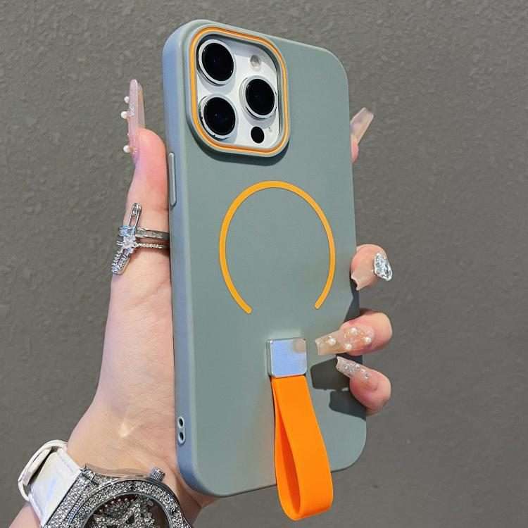 For iPhone 12 Pro Max Skin-feel Magnetic TPU Phone Case with Silicone Strap(Grey)