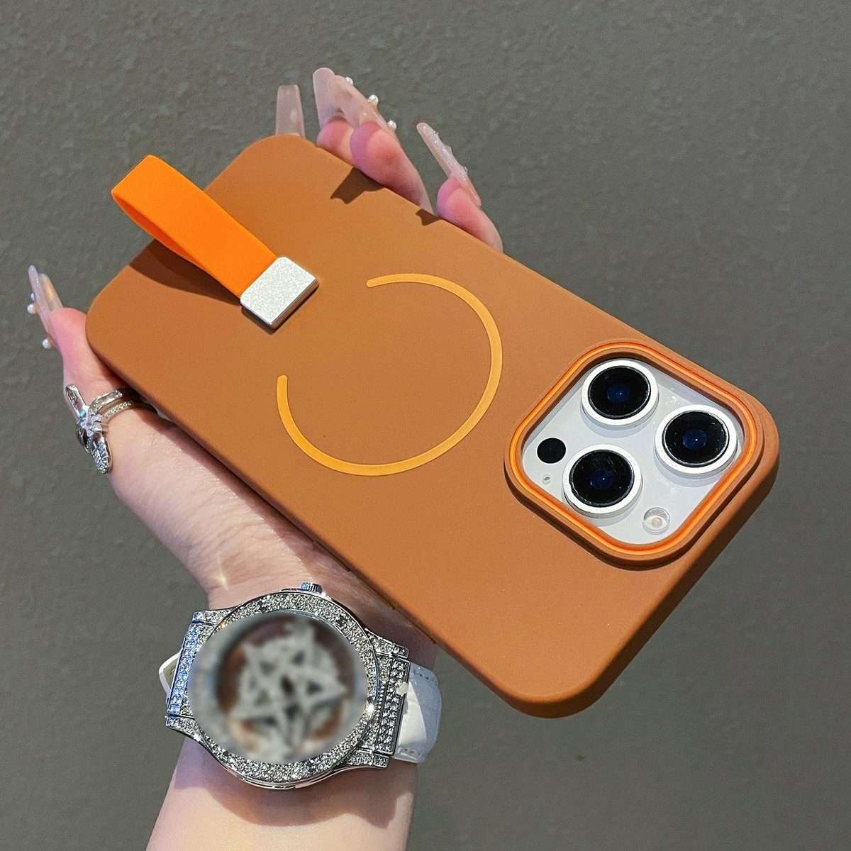 For iPhone 12 Pro Max Skin-feel Magnetic TPU Phone Case with Silicone Strap(Grey)