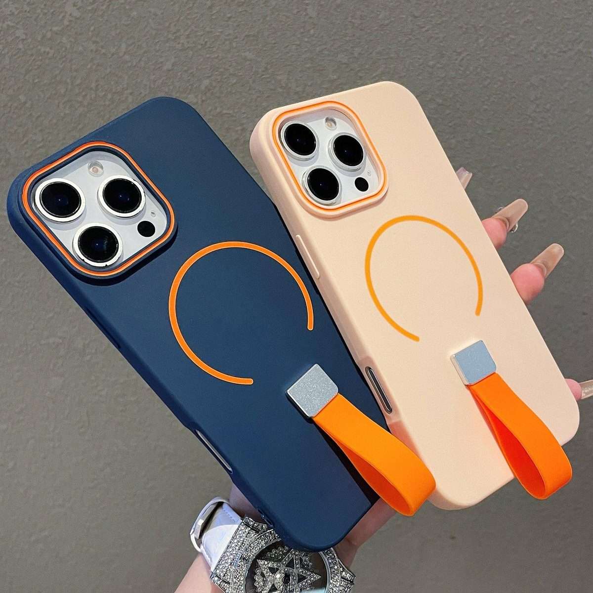 For iPhone 12 Pro Max Skin-feel Magnetic TPU Phone Case with Silicone Strap(Grey)