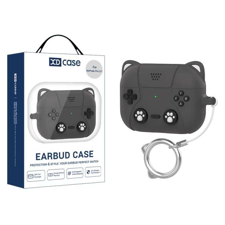 For AirPods Pro 2 / 1 XDcase Retro Cat Cartoon Silicone Earbuds Case(Dark Grey)