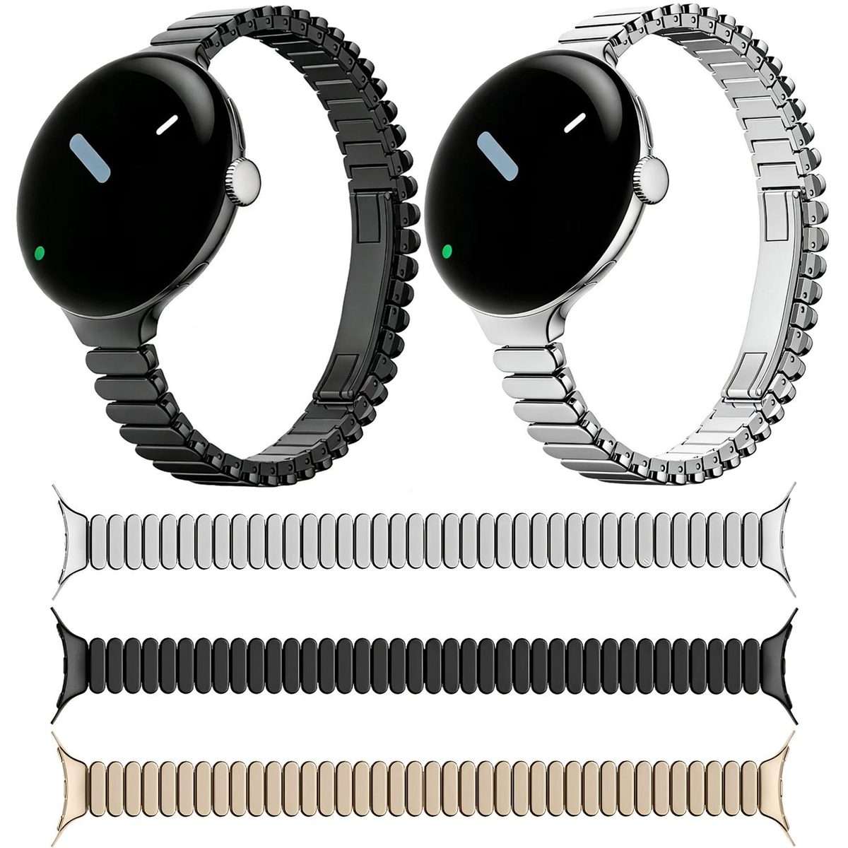 For Google Pixel Watch 4 / 3 / 2 / 1 41mm Slim Oval One Bead Butterfly Buckle Stainles ... (Black)