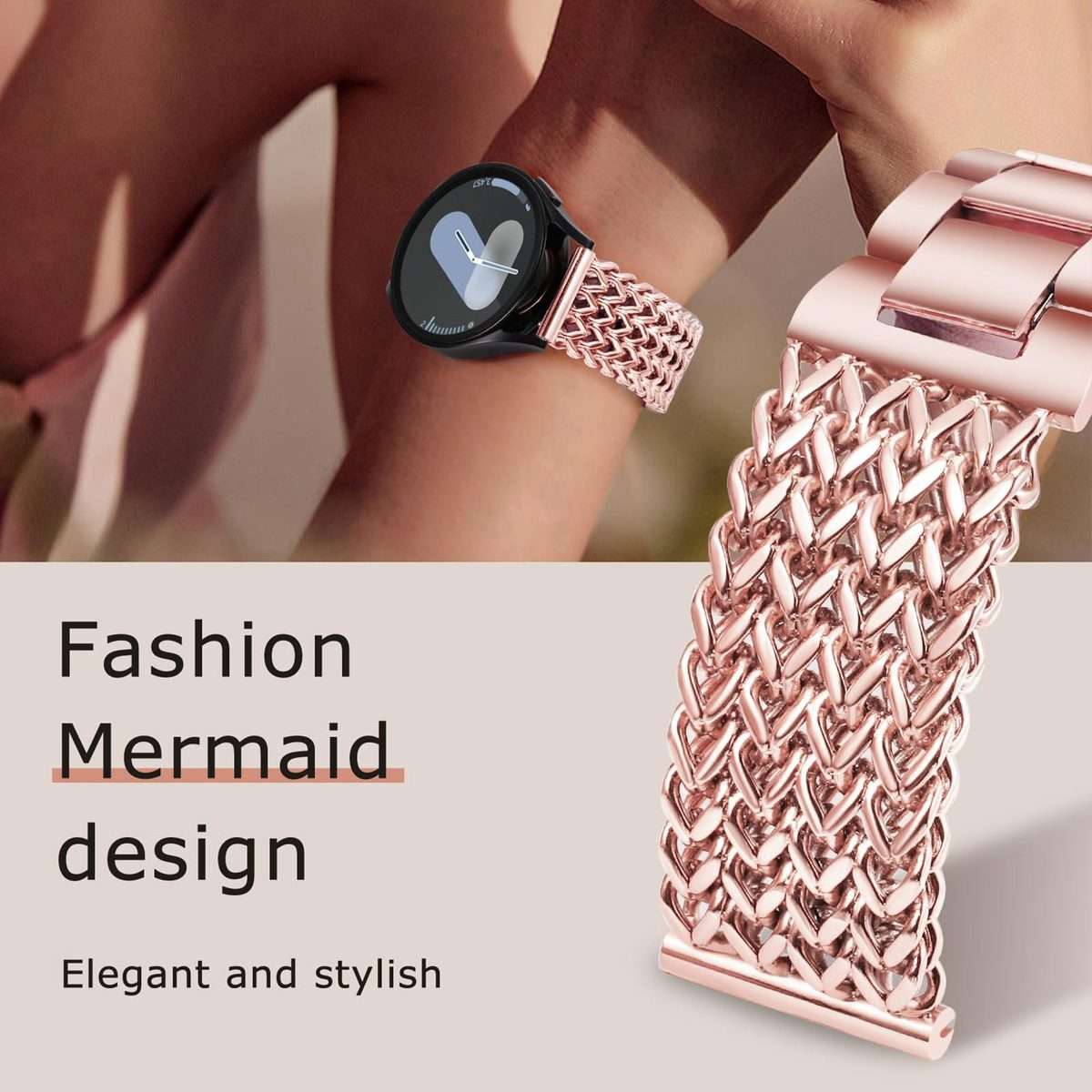 22mm xDfind Flat Head Herringbone Braided Stainless Steel Watch Band(Rose Pink)