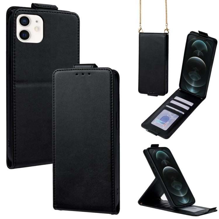 For iPhone 12 / 12 Pro Vertical Flip Cover Solid Color Vegan Leather Phone Case with C ... (Black)