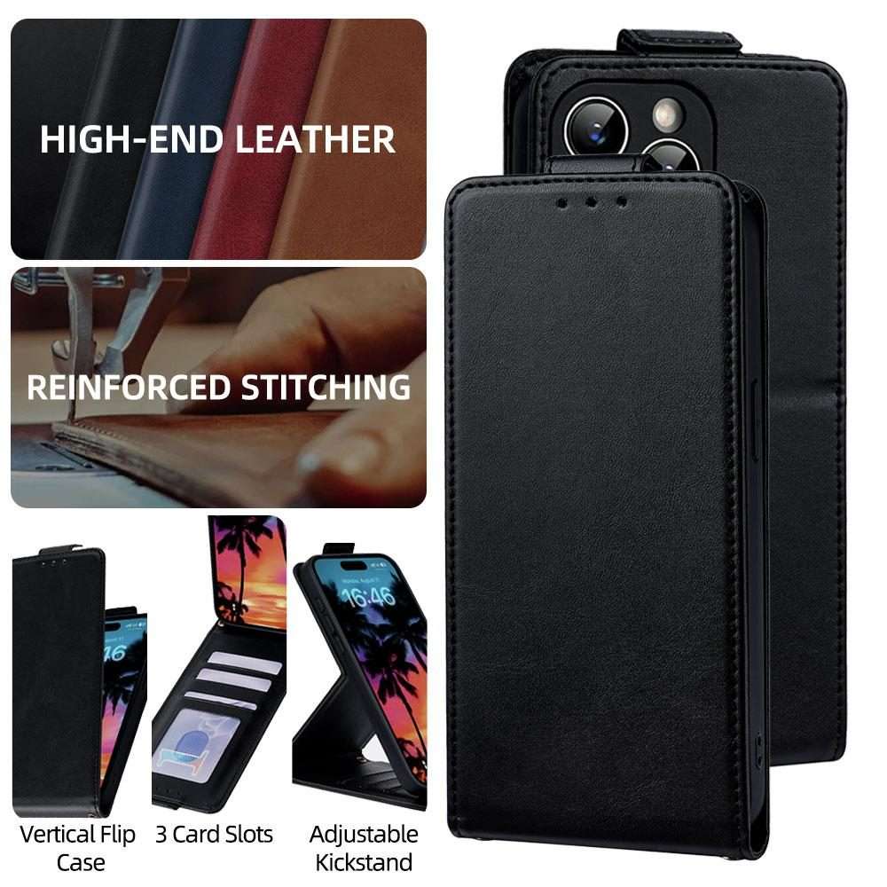 For iPhone 12 / 12 Pro Vertical Flip Cover Solid Color Vegan Leather Phone Case with C ... (Black)