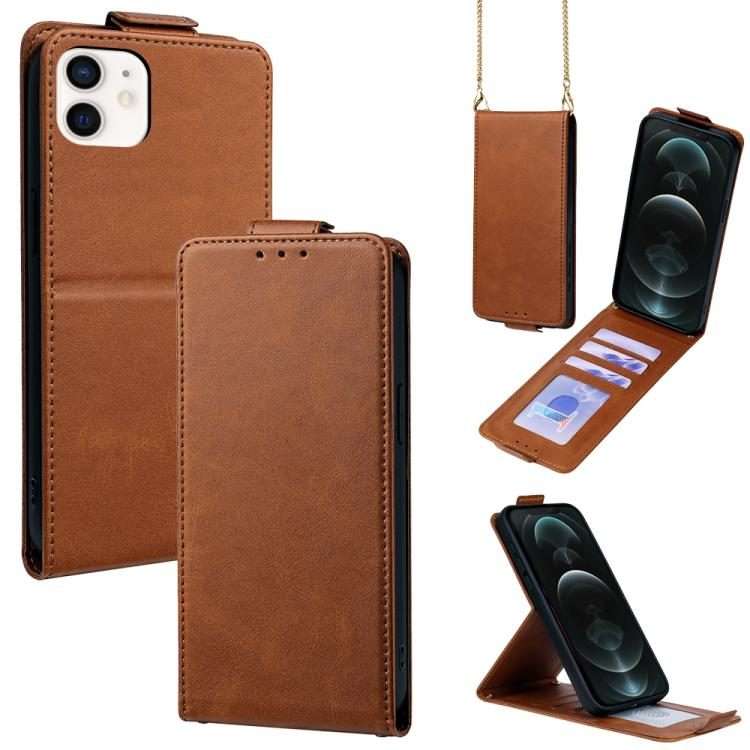 For iPhone 12 / 12 Pro Vertical Flip Cover Solid Color Vegan Leather Phone Case with C ... (Brown)