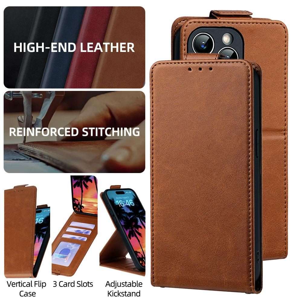 For iPhone 12 / 12 Pro Vertical Flip Cover Solid Color Vegan Leather Phone Case with C ... (Brown)