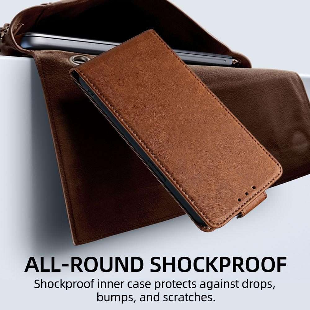 For iPhone 12 / 12 Pro Vertical Flip Cover Solid Color Vegan Leather Phone Case with C ... (Brown)