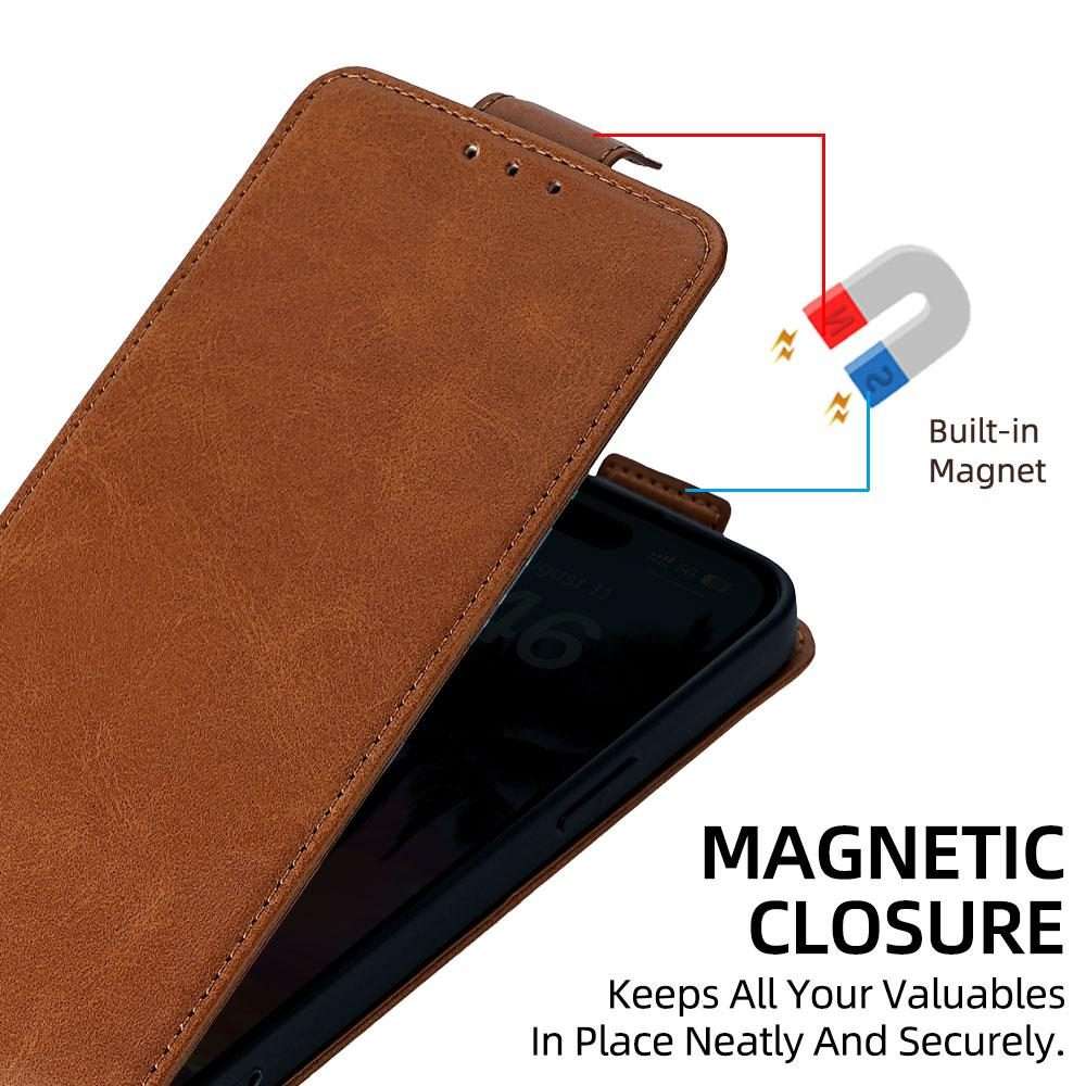 For iPhone 12 / 12 Pro Vertical Flip Cover Solid Color Vegan Leather Phone Case with C ... (Brown)