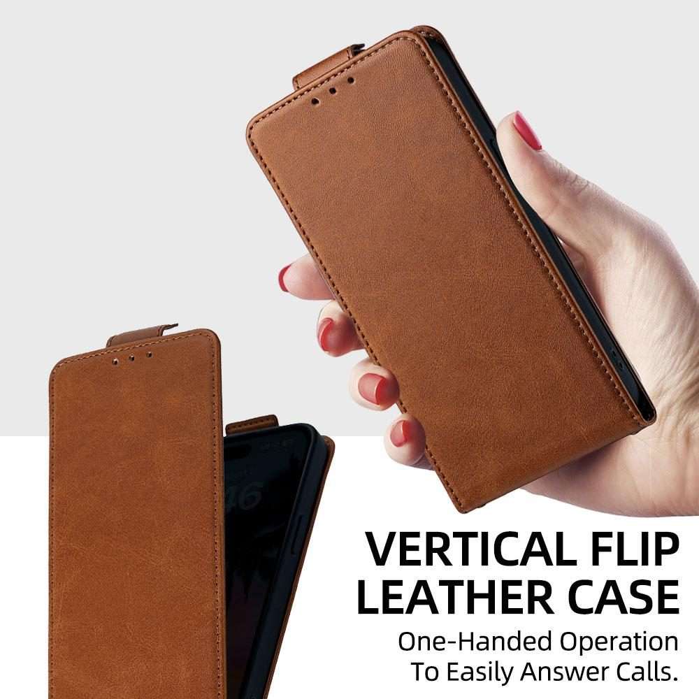 For iPhone 12 / 12 Pro Vertical Flip Cover Solid Color Vegan Leather Phone Case with C ... (Brown)