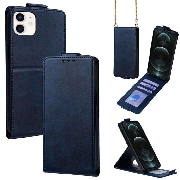 For iPhone 12 / 12 Pro Vertical Flip Cover Solid Color Vegan Leather Phone Case with Cr ... (Blue)