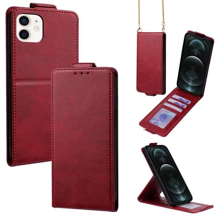 For iPhone 12 / 12 Pro Vertical Flip Cover Solid Color Vegan Leather Phone Case with Cro ... (Red)