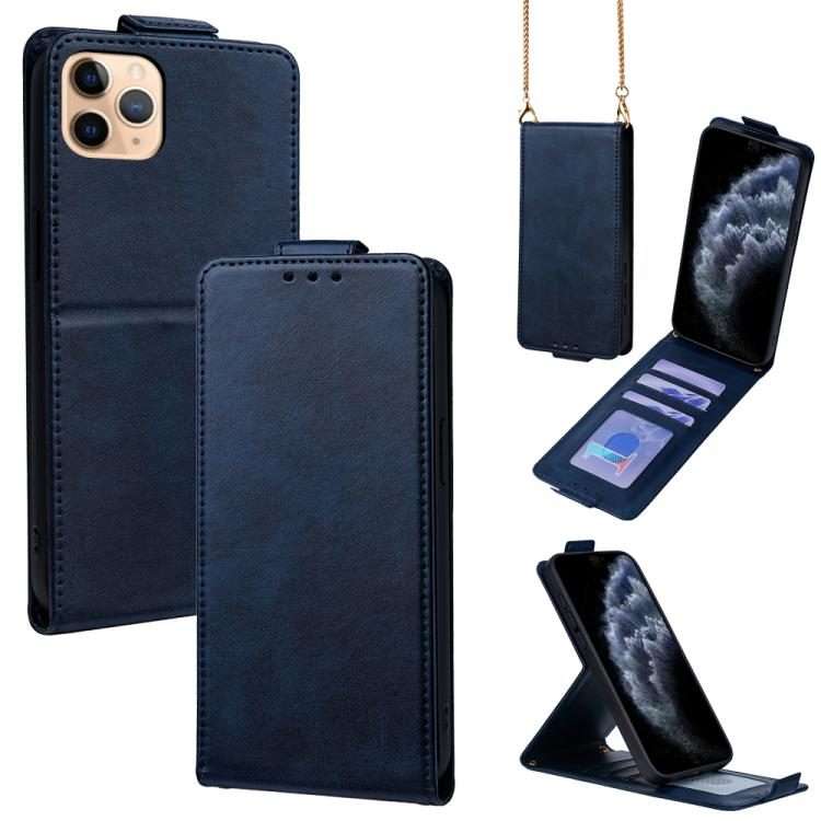 For iPhone 11 Pro Max Vertical Flip Cover Solid Color Vegan Leather Phone Case with Cro ... (Blue)
