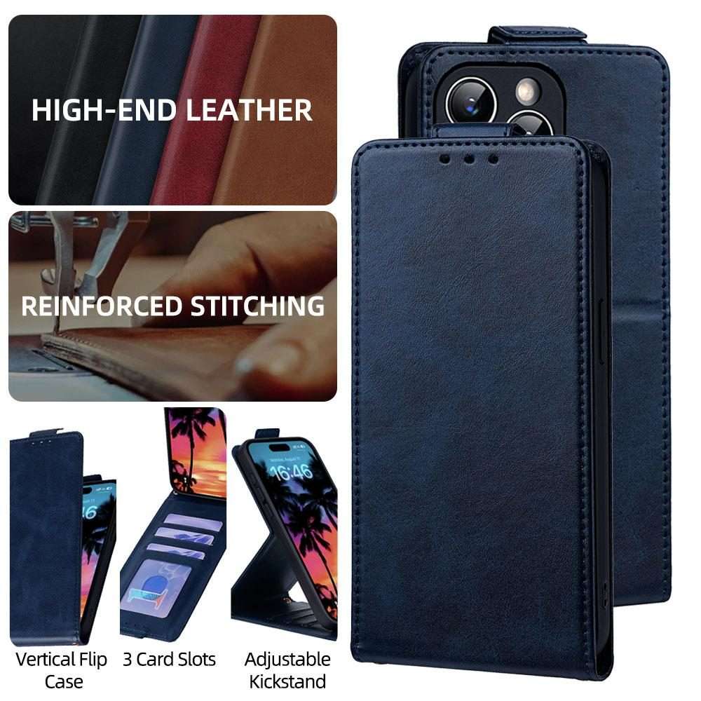For iPhone 11 Pro Max Vertical Flip Cover Solid Color Vegan Leather Phone Case with Cro ... (Blue)