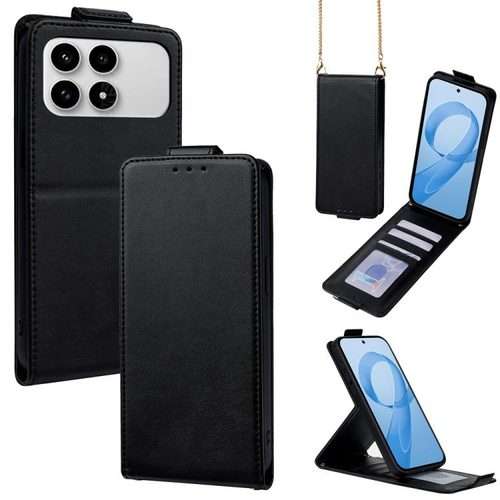 For Redmi K90 5G Vertical Flip Cover Solid Color Vegan Leather Phone Case with Crossbo ... (Black)