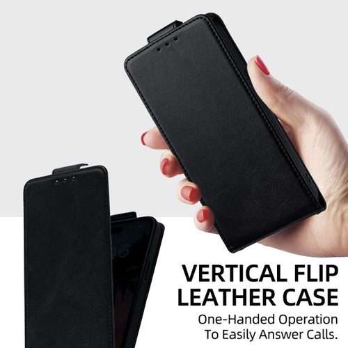 For Redmi K90 5G Vertical Flip Cover Solid Color Vegan Leather Phone Case with Crossbo ... (Black)