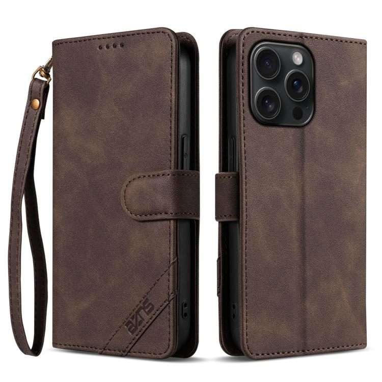 For iPhone 13 Pro Max AZNS A2 Series Tri-Card Wallet RFID Vegan Leather Phone Case wit ... (Brown)