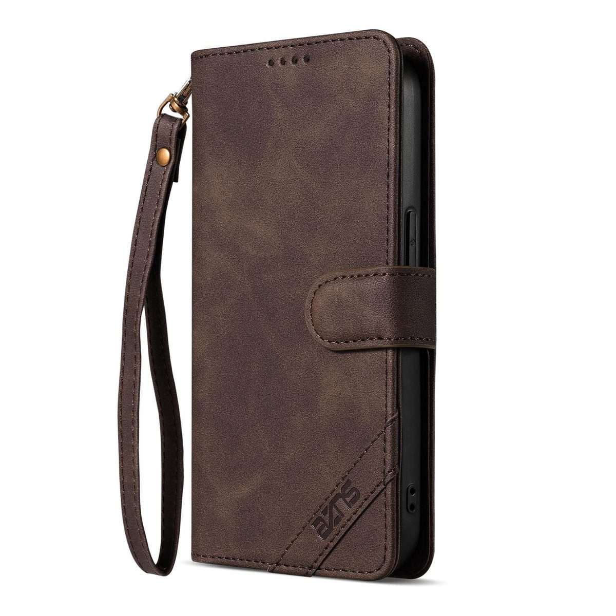 For iPhone 13 Pro Max AZNS A2 Series Tri-Card Wallet RFID Vegan Leather Phone Case wit ... (Brown)