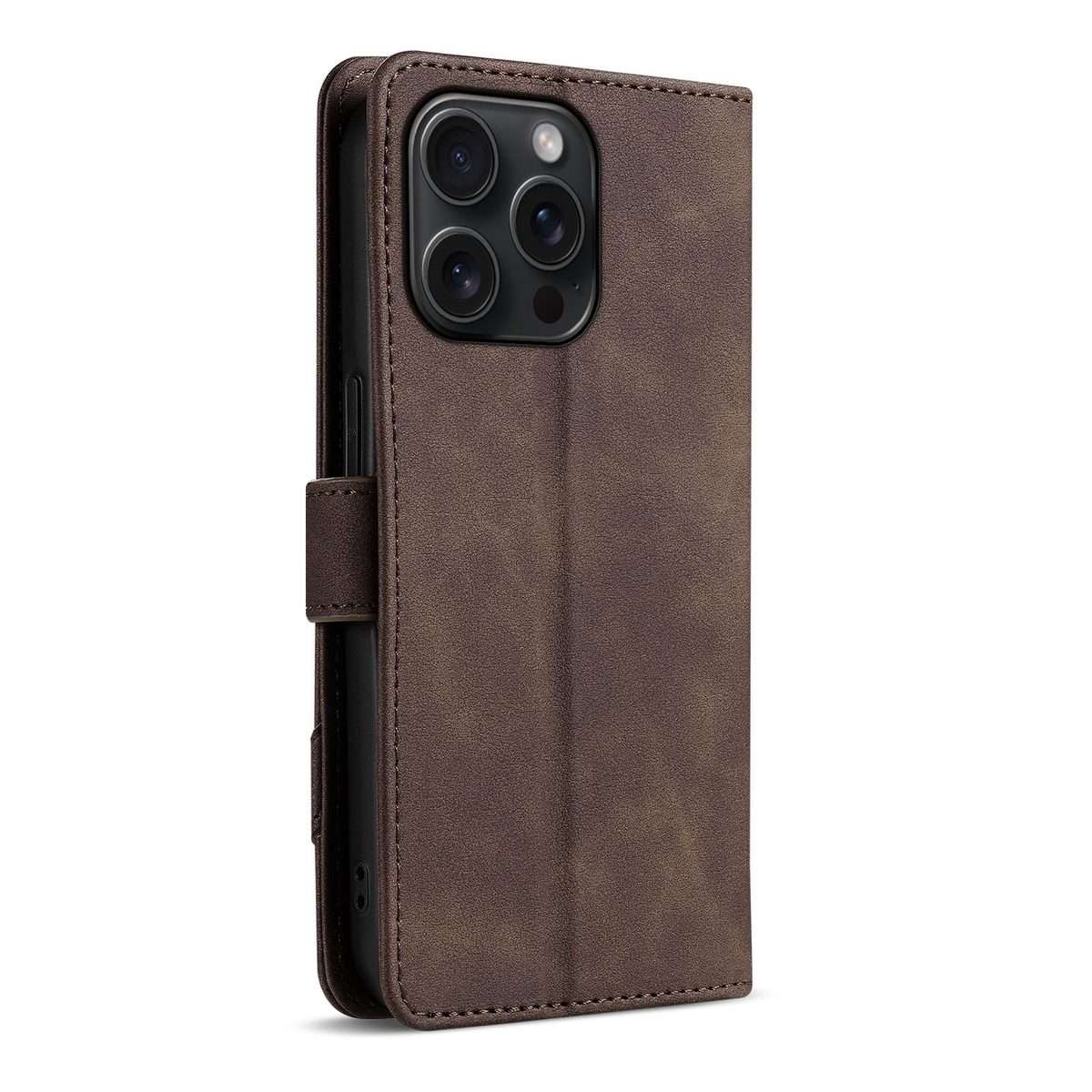 For iPhone 13 Pro Max AZNS A2 Series Tri-Card Wallet RFID Vegan Leather Phone Case wit ... (Brown)