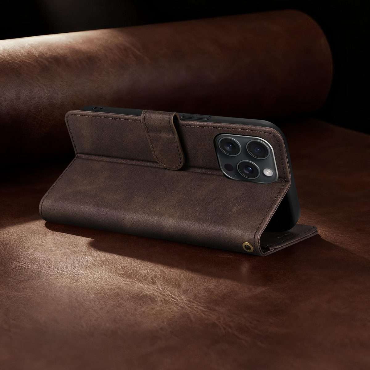 For iPhone 13 Pro Max AZNS A2 Series Tri-Card Wallet RFID Vegan Leather Phone Case wit ... (Brown)