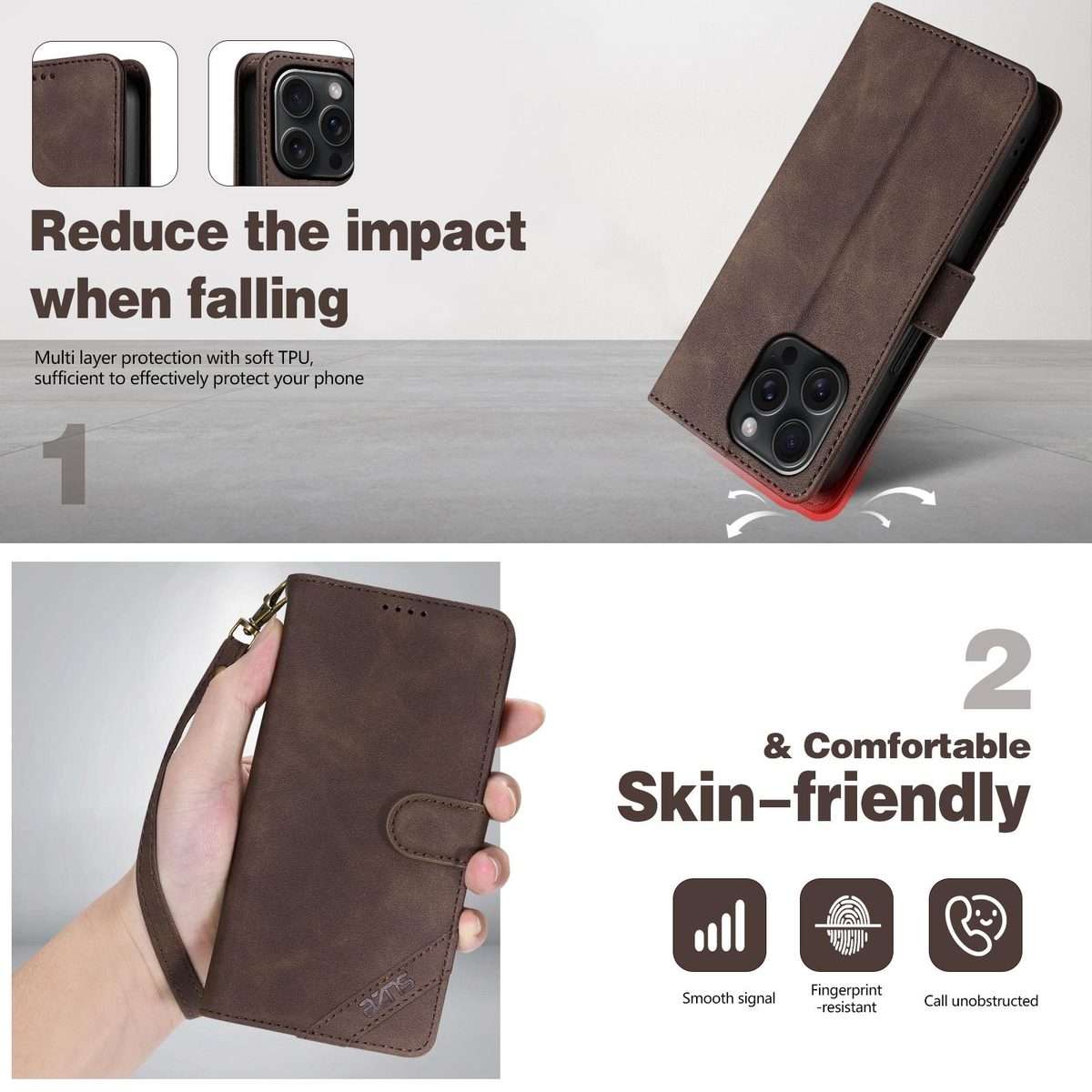For iPhone 13 Pro Max AZNS A2 Series Tri-Card Wallet RFID Vegan Leather Phone Case wit ... (Brown)