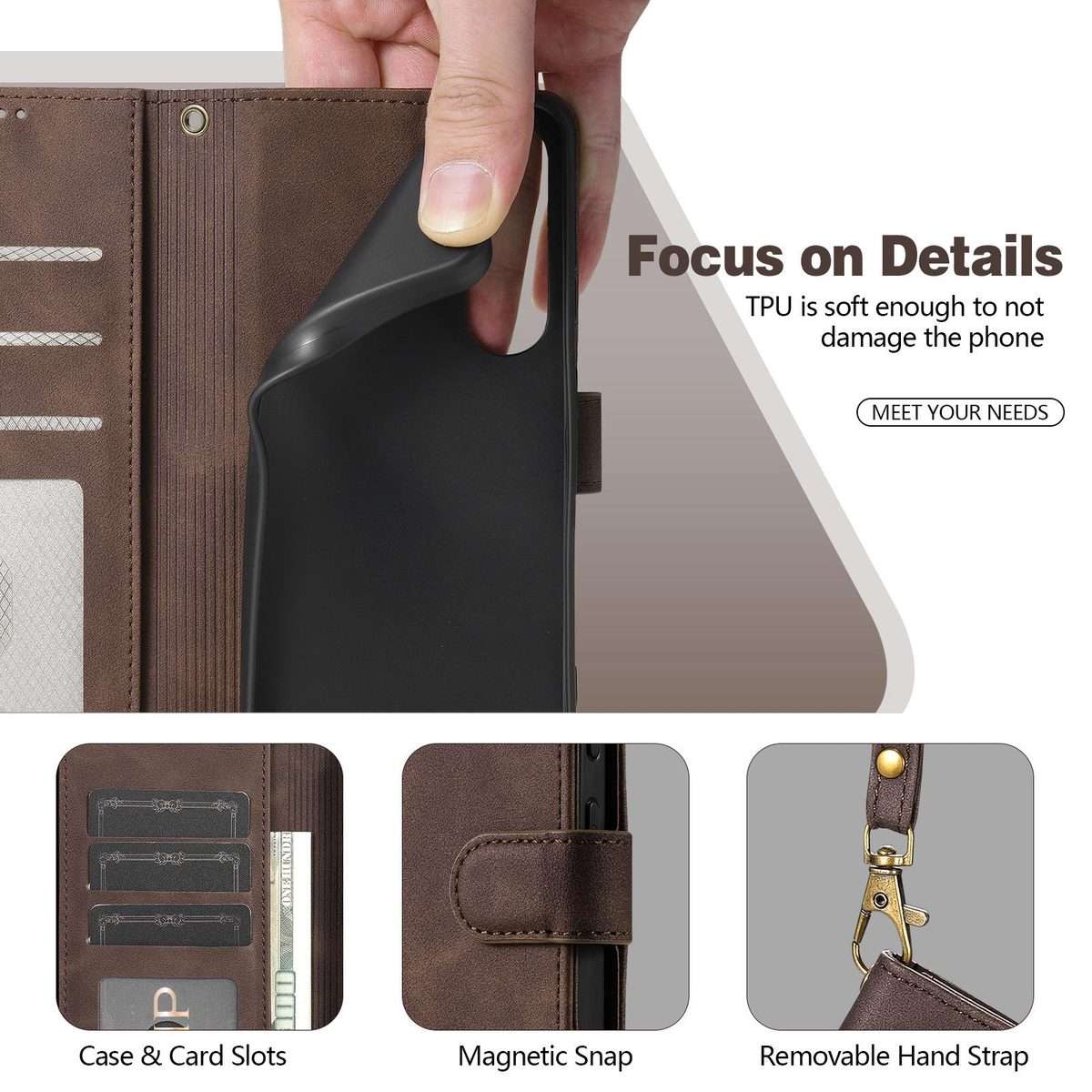 For iPhone 13 Pro Max AZNS A2 Series Tri-Card Wallet RFID Vegan Leather Phone Case wit ... (Brown)