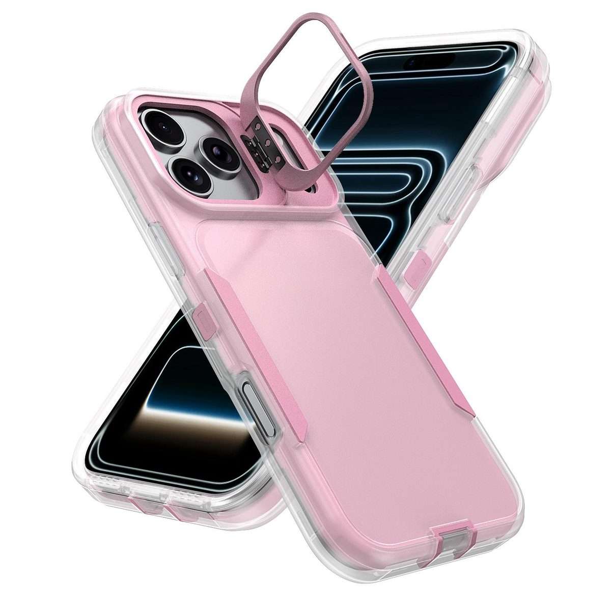 For iPhone 17 Pro Max Traveler Lens Frame Holder Phone Case(Semi-transparent Pink)