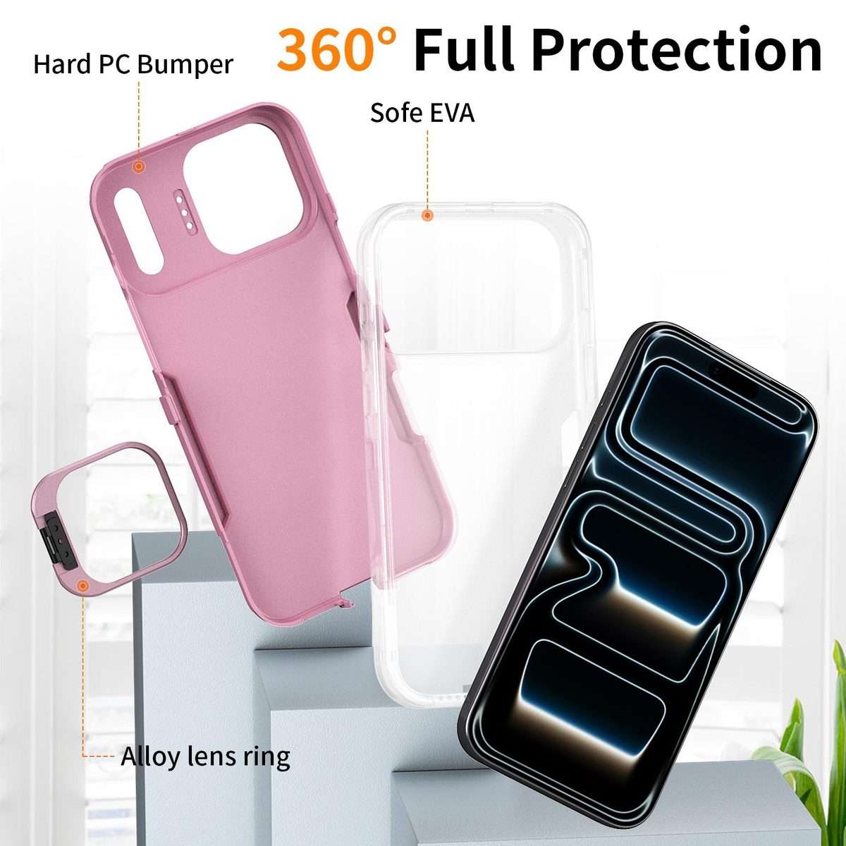 For iPhone 17 Pro Max Traveler Lens Frame Holder Phone Case(Semi-transparent Pink)